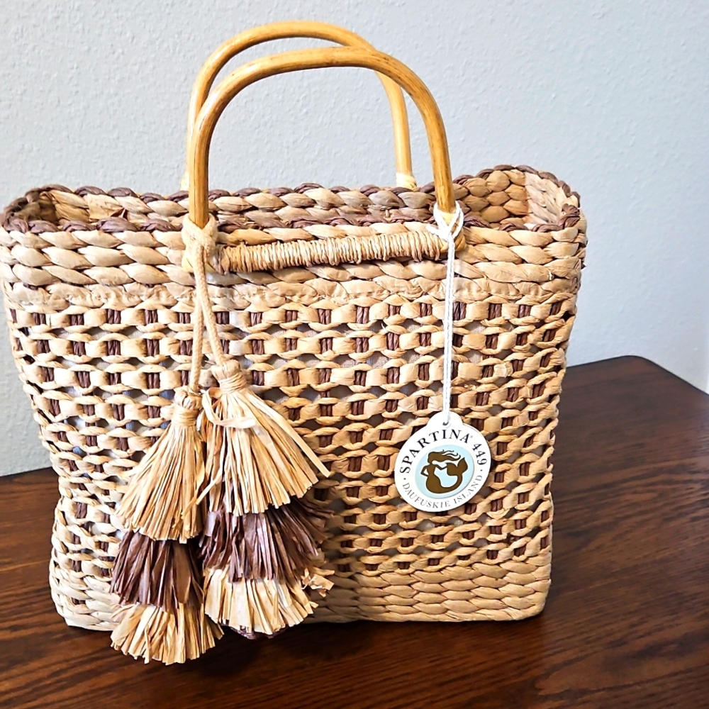 Spartina Papyrus Bamboo Handles Basket Tote With Cosmetic Pouch New With Tags